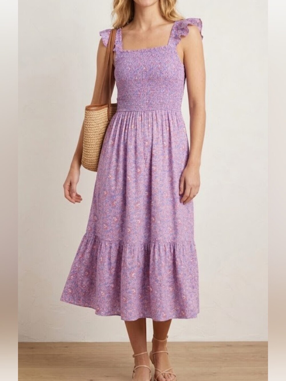 Vineyard Vines Katama Floral Smocked Midi Dress Tiered Cotton Ruffle Sz S